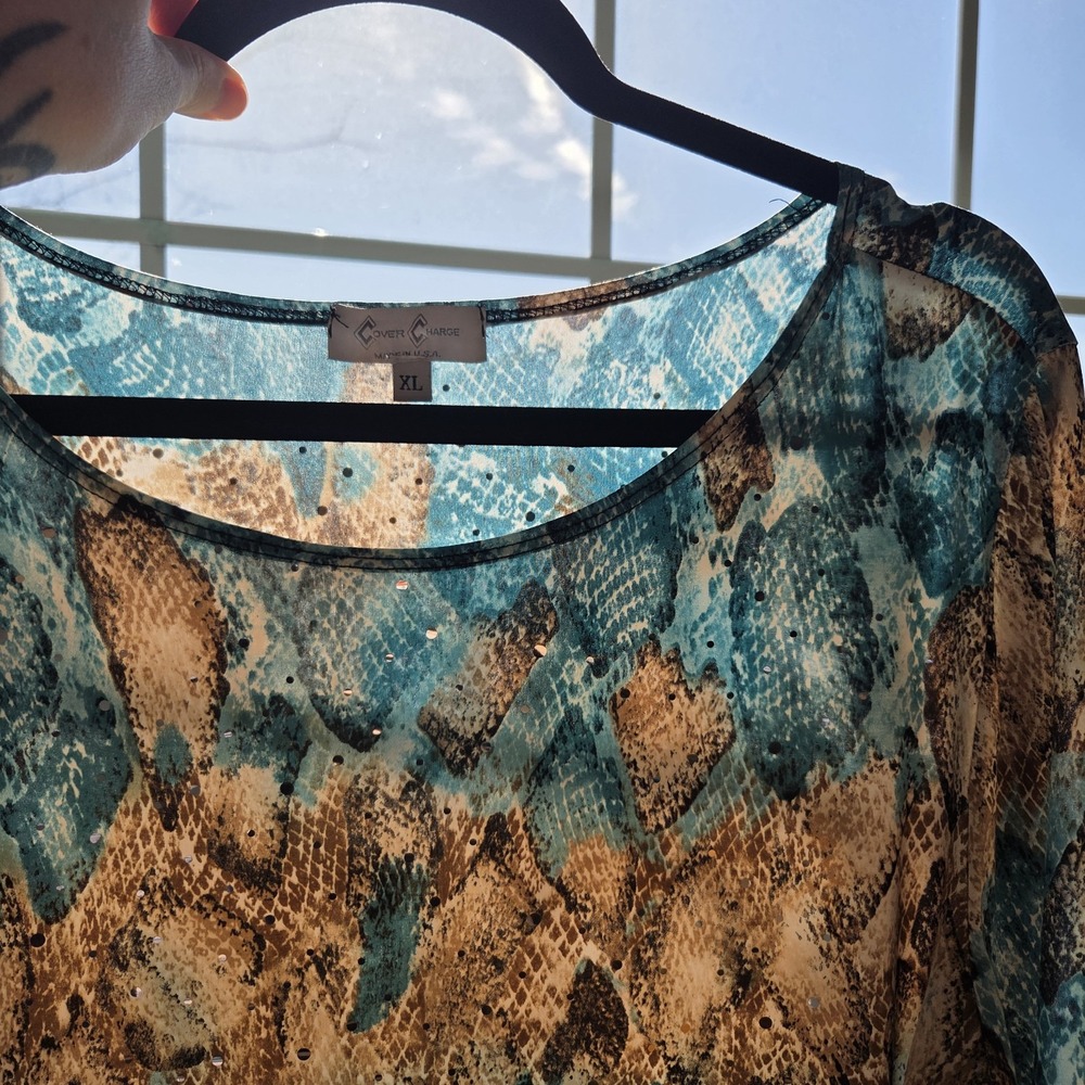 Cover Charge Womens XL Snakeskin Top Asymmetrical Tunic Sequin Liquid Knit Y2K - Picture 5 of 9